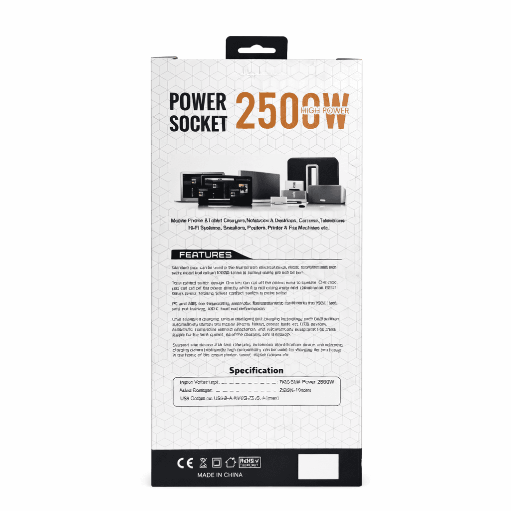 Мережевий подовжувач Power Socket D10 на 10 розеток з вимикачем, 4 USB і Type-C (PD), кабель 5 м, 2500 Вт, LED-індикатор