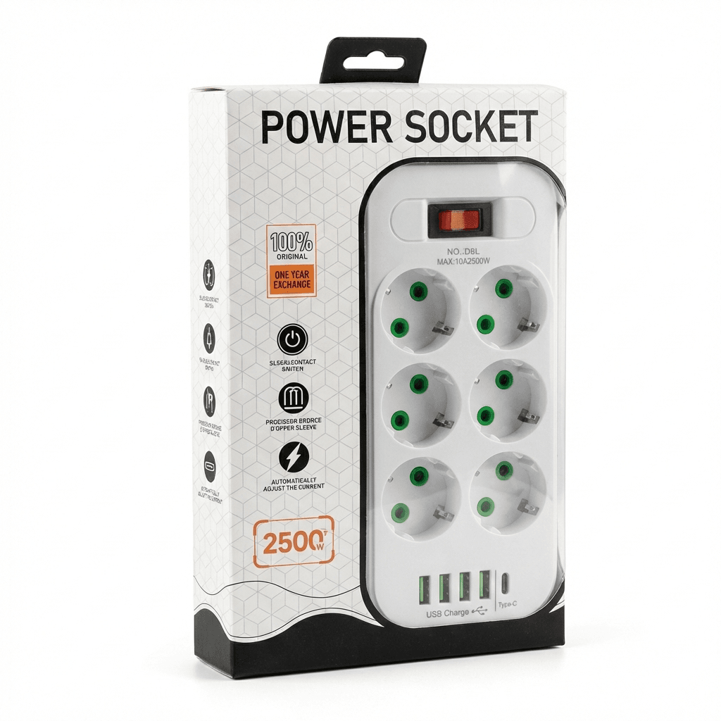 Мережевий подовжувач Power Socket D6 на 6 розеток з вимикачем і LED-індикатором, 4 USB і Type-C (PD), кабель 3 м, 2500 Вт