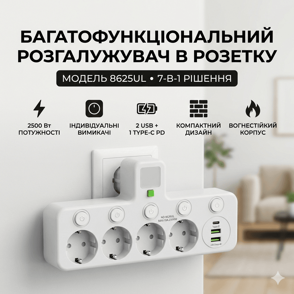 Мережевий розгалужувач-адаптер 7-в-1 у розетку 8625UL (2500 Вт): 4 розетки з індивідуальними вимикачами, 2 USB та 1 Type-C PD