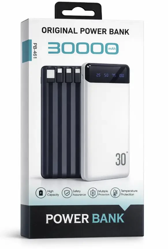 Павербанк PB-461 30000 mAh з LED-дисплеєм, швидкою зарядкою QC 3.0, USB / Type-C / Lightning, білий