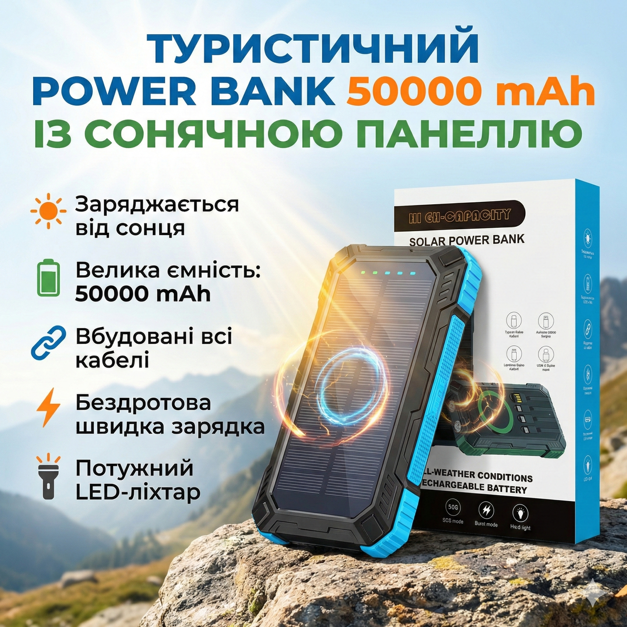 Потужний туристичний Power Bank 50000 mAh із сонячною батареєю, бездротовою зарядкою і 4 вбудованими кабелями (Fast Charge 22.5W)