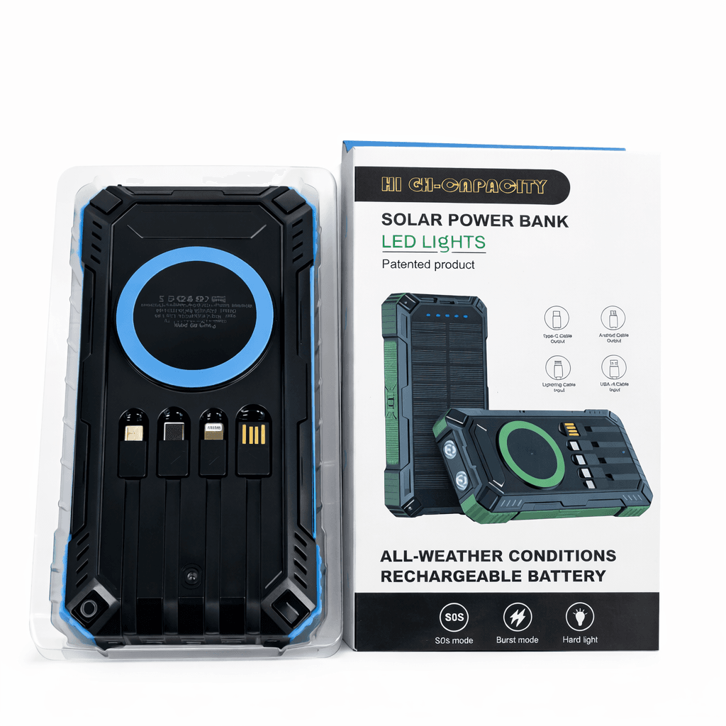 Потужний туристичний Power Bank 50000 mAh із сонячною батареєю, бездротовою зарядкою і 4 вбудованими кабелями (Fast Charge 22.5W)