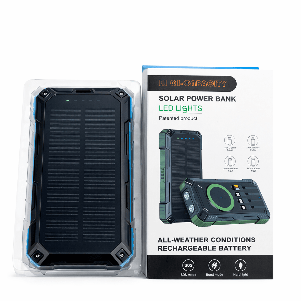 Потужний туристичний Power Bank 50000 mAh із сонячною батареєю, бездротовою зарядкою і 4 вбудованими кабелями (Fast Charge 22.5W)