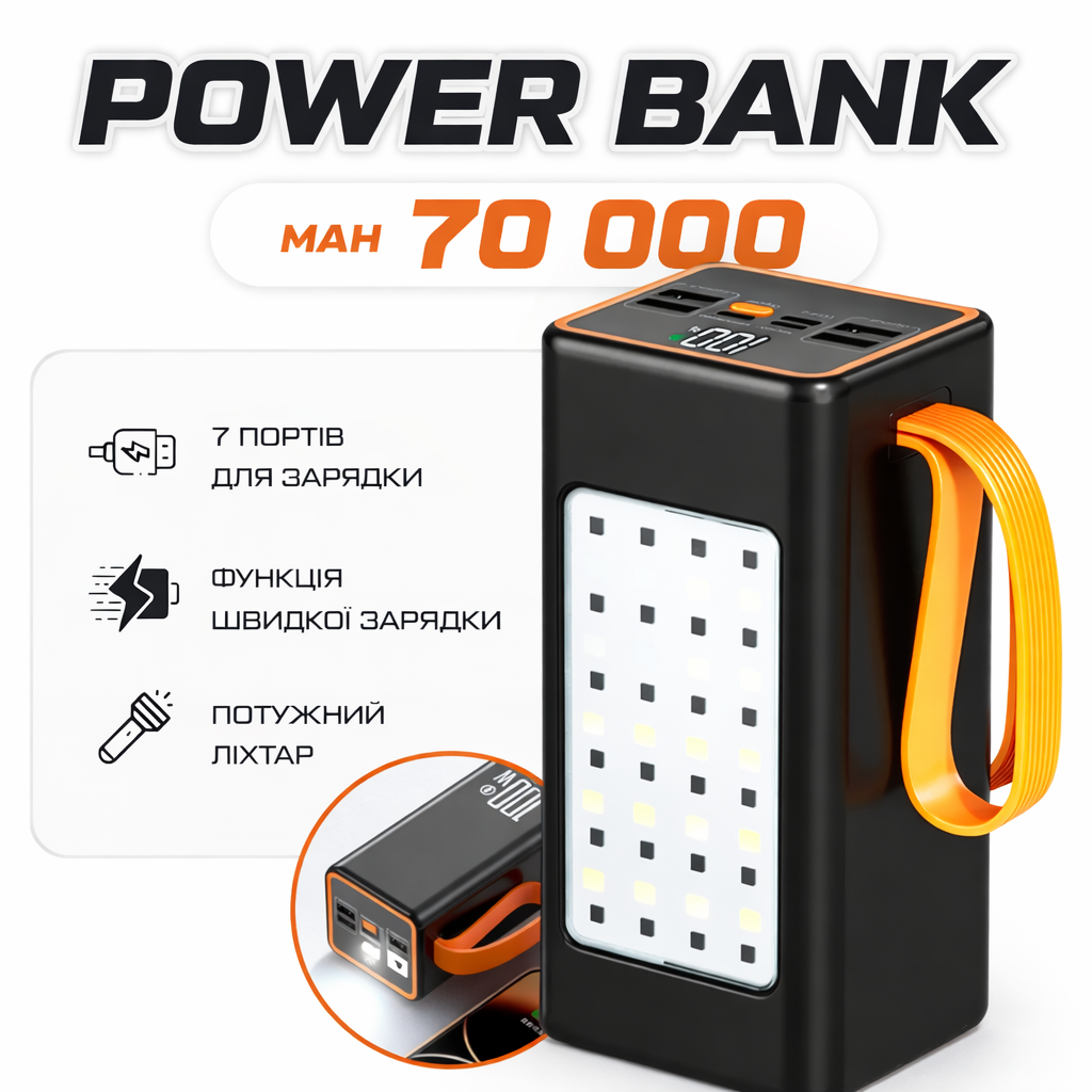 Потужний Power Bank 70000 mAh зі швидким заряджанням PD 20W, кемпінговою LED-лампою та цифровим дисплеєм