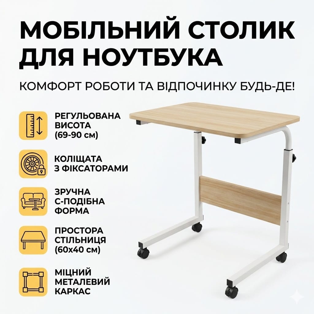 Мобільний комп’ютерний столик на колесах із фіксаторами, регульований за висотою 69-90 см, стільниця 40×60 см, приставний стіл для
