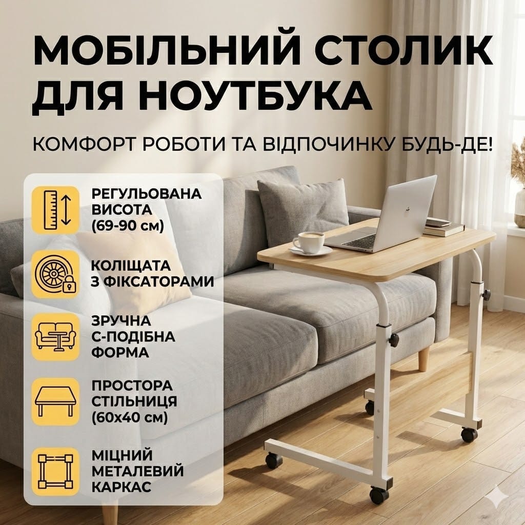 Мобільний комп’ютерний столик на колесах із фіксаторами, регульований за висотою 69-90 см, стільниця 40×60 см, приставний стіл для