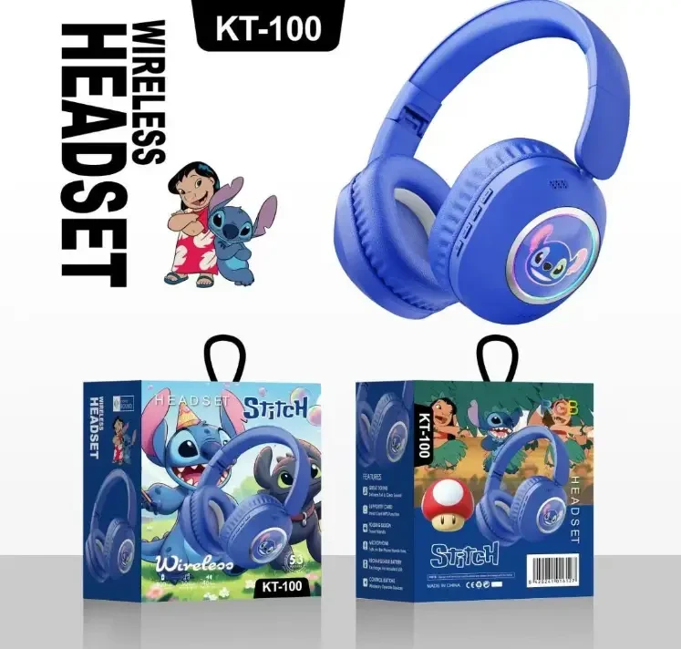 Дитячі бездротові Bluetooth-навушники Stitch KT-100 Blue з RGB-підсвіткою, вбудованим мікрофоном та слотом для карти пам’яті