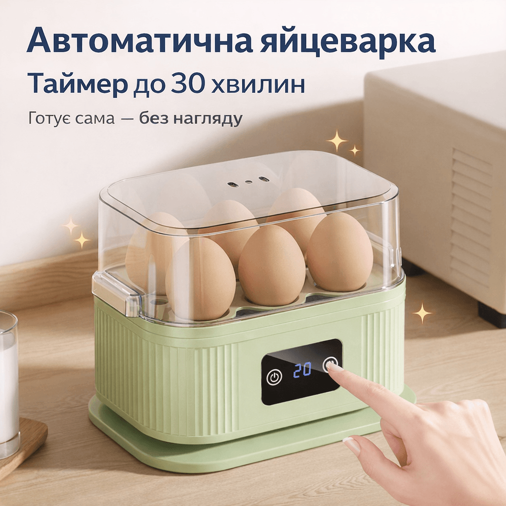 Яйцеварка електрична автоматична на 6 яєць із таймером і функцією приготування на парі, 220 V, 200 Вт