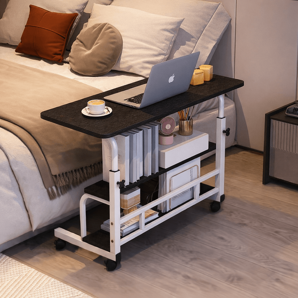 Стіл приліжковий / комп’ютерний на коліщатках DASH-1846, з регулюванням висоти та складаною стільницею, 60×40 см, Чорний