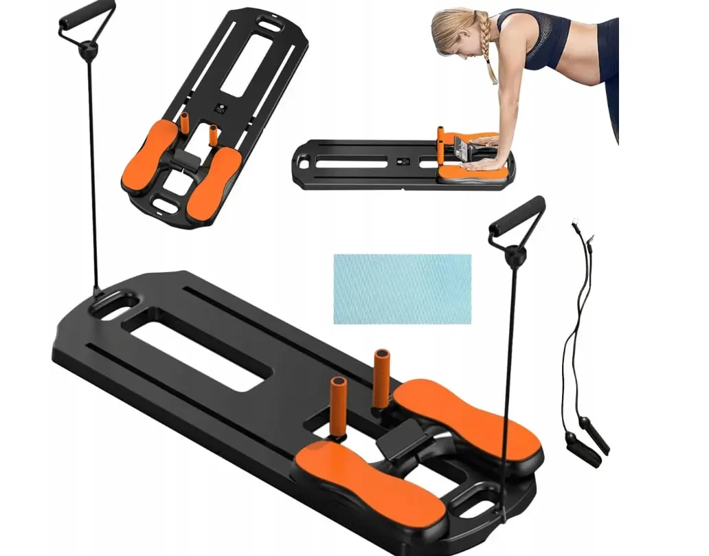 Напольний тренажер для пілатесу MM3000 з резинками, складна платформа для вправ на прес і ноги, чорний з помаранчевими елементами