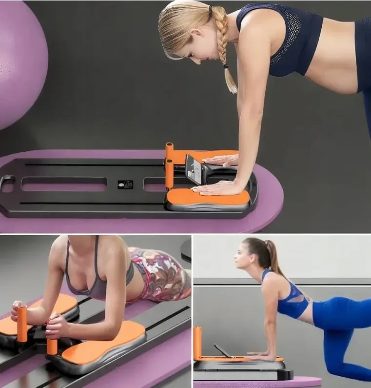 Напольний тренажер для пілатесу MM3000 з резинками, складна платформа для вправ на прес і ноги, чорний з помаранчевими елементами