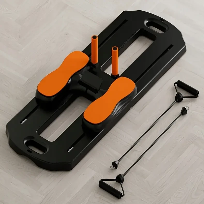 Напольний тренажер для пілатесу MM3000 з резинками, складна платформа для вправ на прес і ноги, чорний з помаранчевими елементами