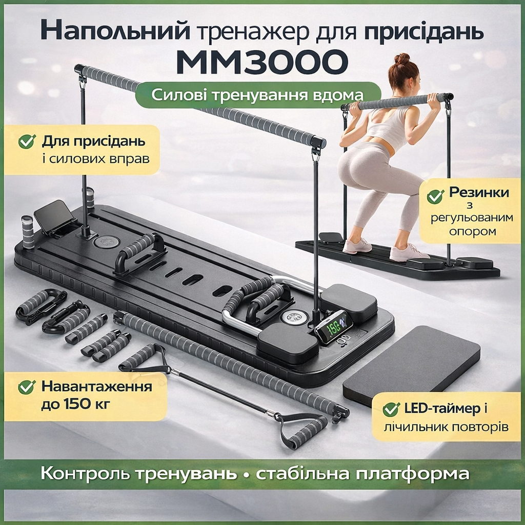 Напольний тренажер з резинками для присідань MM3000, силова платформа з LED-таймером і лічильником повторів, до 150 кг, чорний