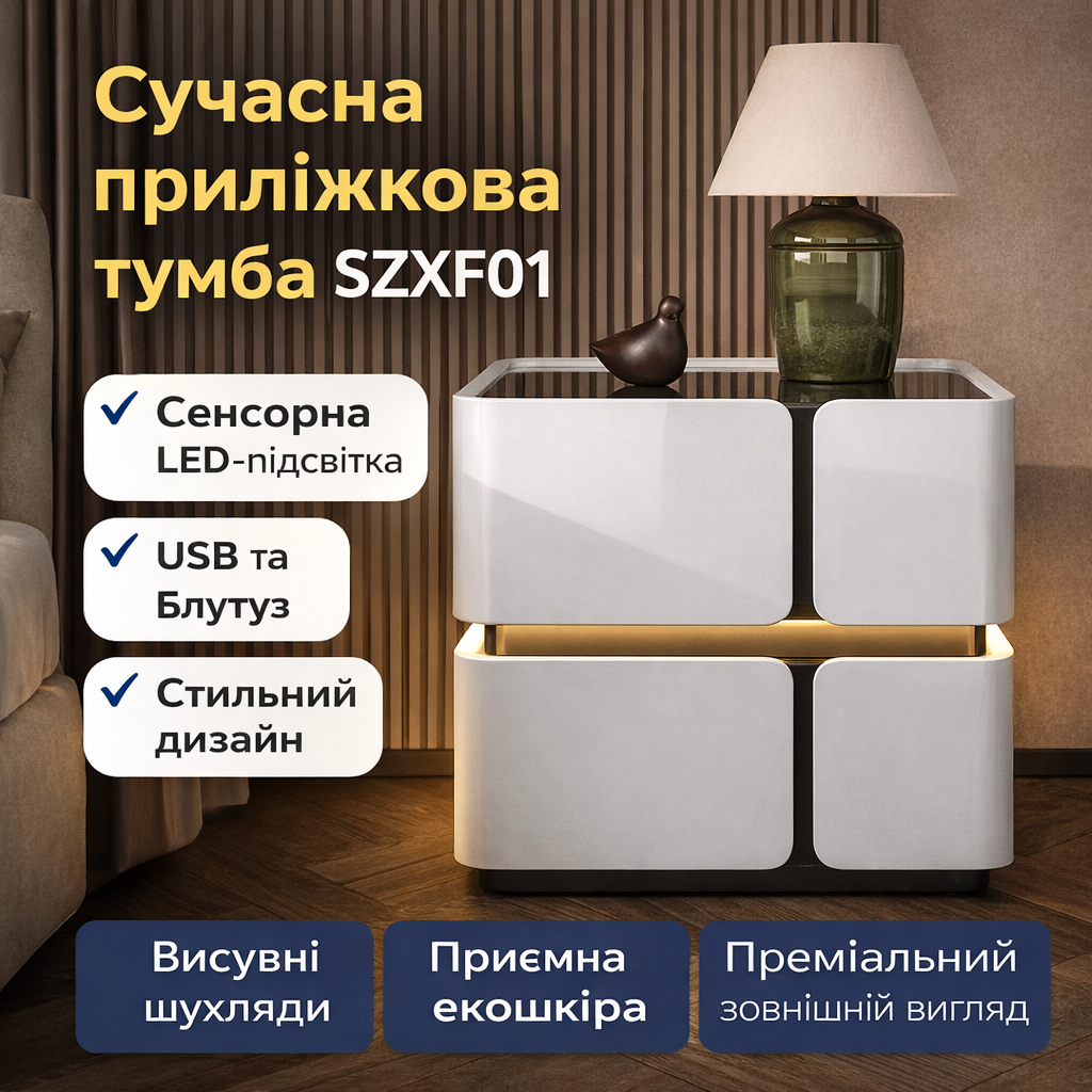 Приліжкова тумба з сенсорною LED-підсвіткою, USB та Bluetooth SZXF01, з екошкіри, біла