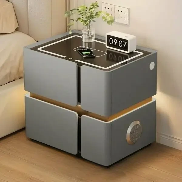 Розумна приліжкова тумба SZXF01 з Bluetooth-колонкою, USB і сенсорною підсвіткою, 2 шухляди, МДФ/екошкіра, сіра