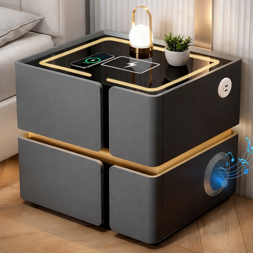 Розумна приліжкова тумба SZXF01 з Bluetooth-колонкою, USB і сенсорною підсвіткою, 2 шухляди, МДФ/екошкіра, сіра