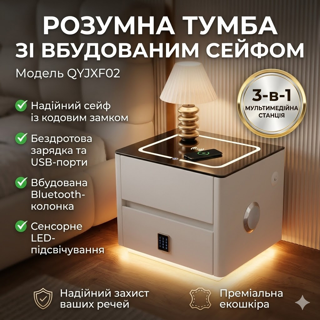 Тумба приліжкова Біла QYJXF02 47×39×48 см з бездротовим заряджанням кодовим замком і підсвіткою