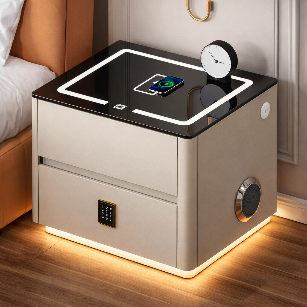 Тумба приліжкова Біла QYJXF02 47×39×48 см з бездротовим заряджанням кодовим замком і підсвіткою