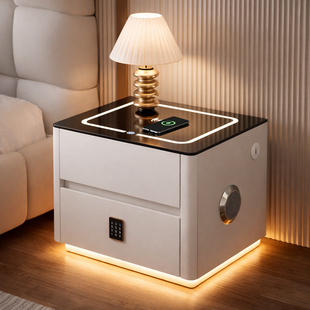 Тумба приліжкова Біла QYJXF02 47×39×48 см з бездротовим заряджанням кодовим замком і підсвіткою