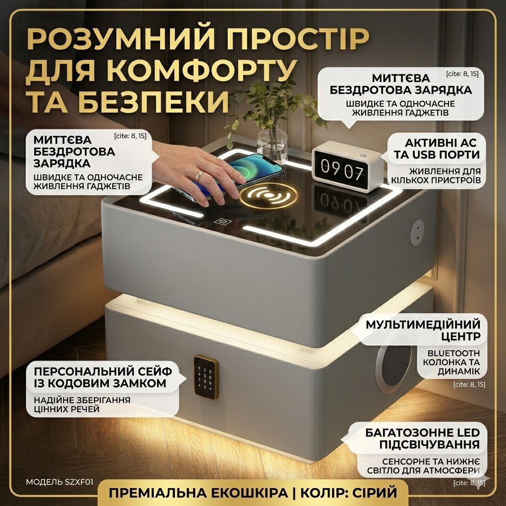 Смарт-тумба XF01 сіра з кодовим замком, LED-підсвіткою й USB-портами, мультимедійна станція