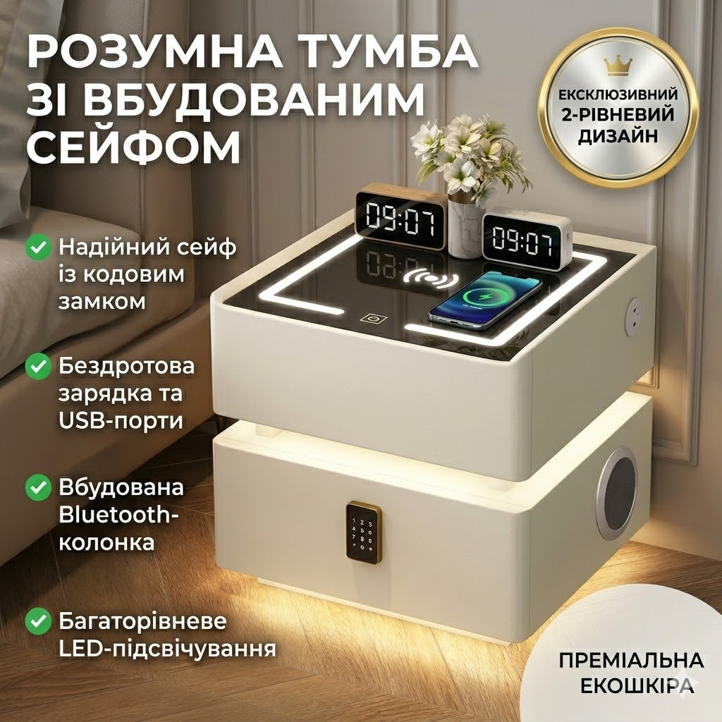 Розумна приліжкова тумба XF01 з вбудованим сейфом, бездротовою зарядкою і Bluetooth, біла екошкіра/скло