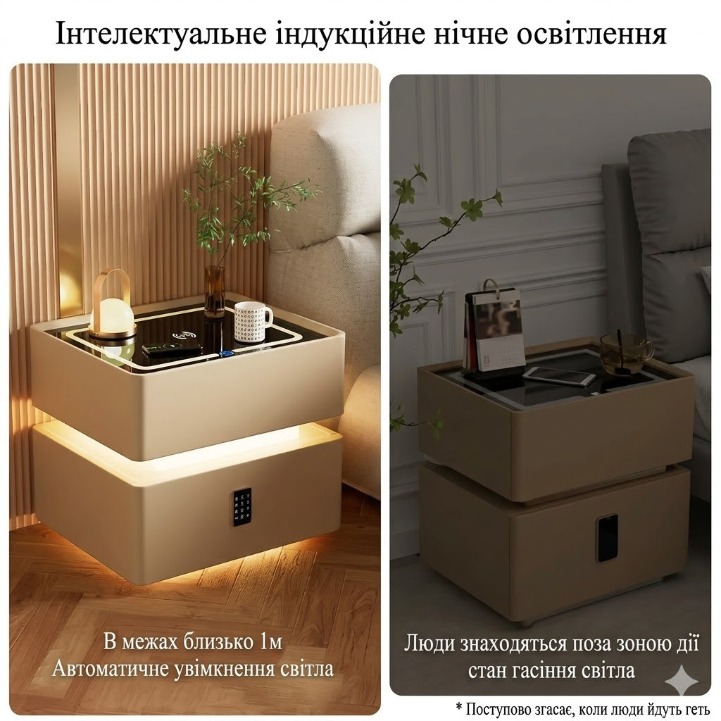 Смарт-тумба XF01 сіра з кодовим замком, LED-підсвіткою й USB-портами, мультимедійна станція