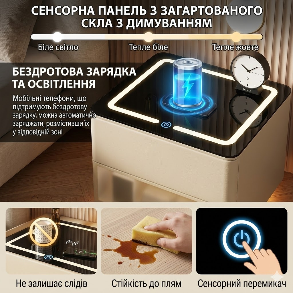 Розумна приліжкова тумба XF01 з вбудованим сейфом, бездротовою зарядкою і Bluetooth, біла екошкіра/скло