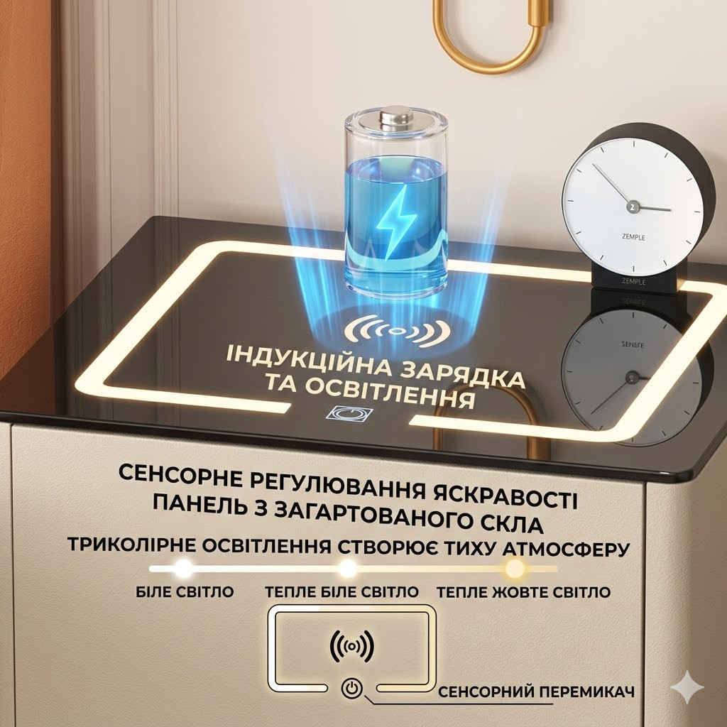 Розумна приліжкова тумба XF01 з вбудованим сейфом, бездротовою зарядкою і Bluetooth, біла екошкіра/скло