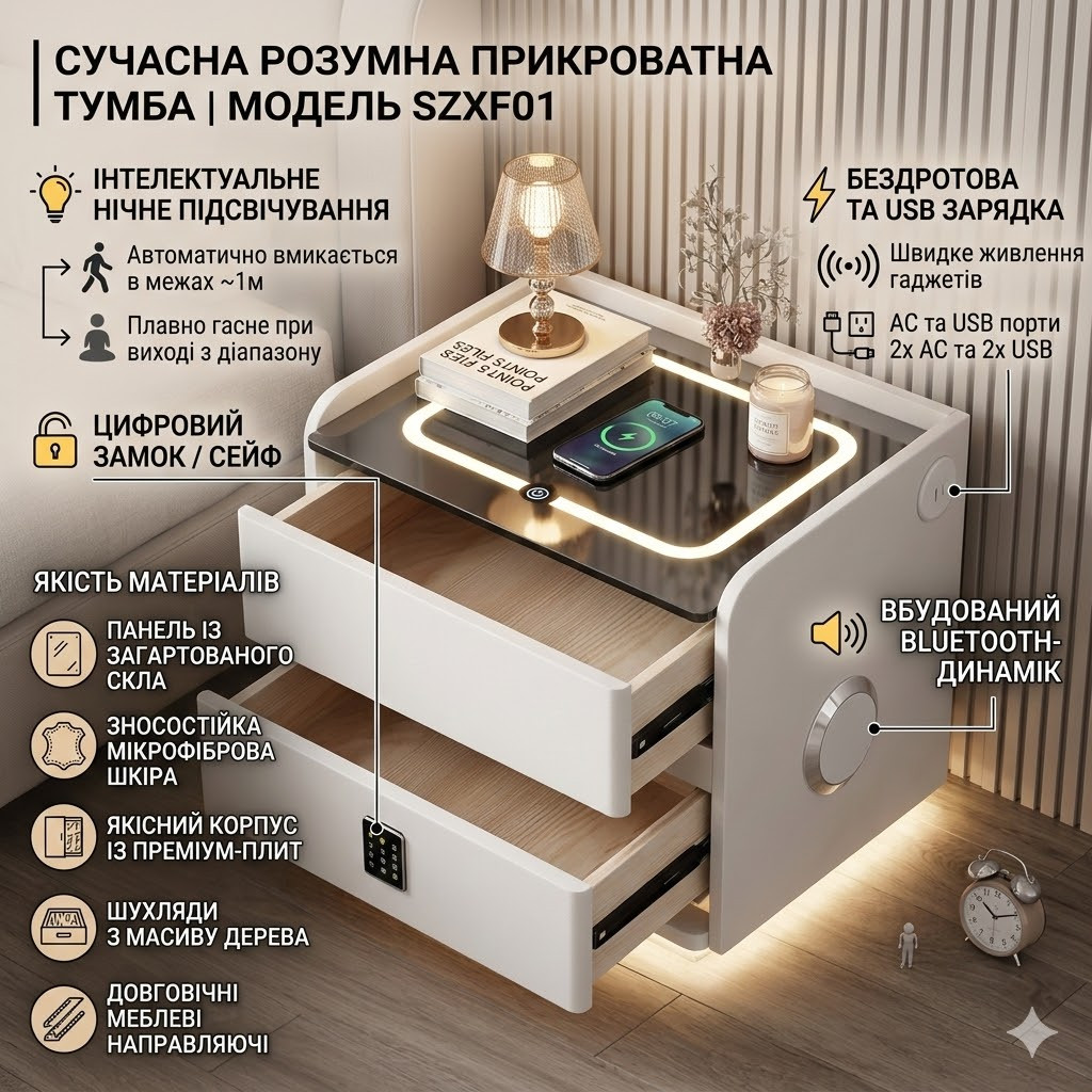 Розумна прикроватна тумба YJXF01 White з вбудованим сейфом, бездротовою зарядкою та Bluetooth-колонкою (Біла екошкіра)