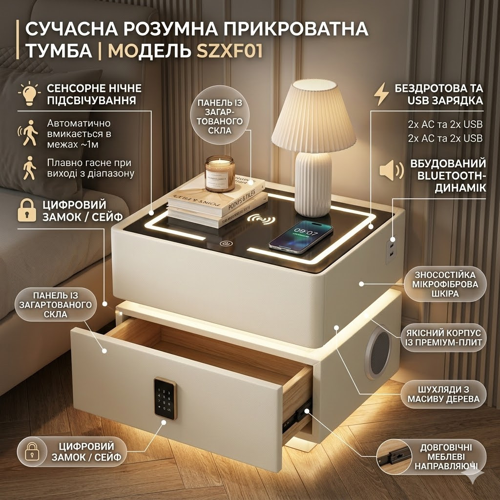 Розумна прикроватна тумба YJXF01 White з вбудованим сейфом, бездротовою зарядкою та Bluetooth-колонкою (Біла екошкіра)