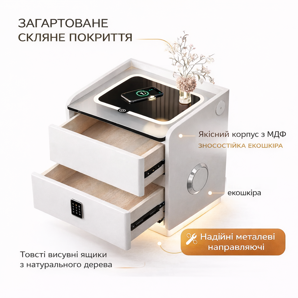 Розумна прикроватна тумба YJXF01 White з вбудованим сейфом, бездротовою зарядкою та Bluetooth-колонкою (Біла екошкіра)