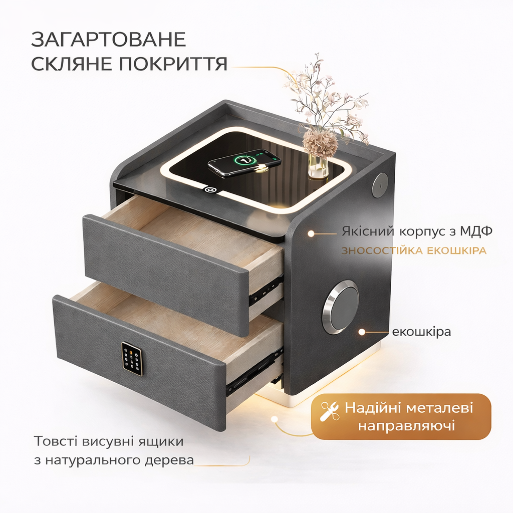 Смарт-тумба прикроватна YJXF01 Grey із сейфом, LED-підсвіткою та USB-портами (Сіра екошкіра / Загартоване скло)