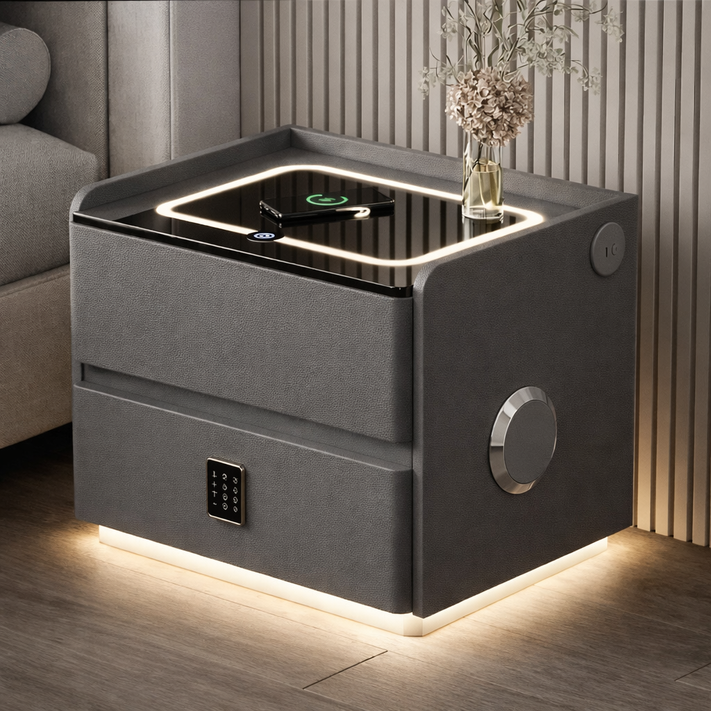 Смарт-тумба прикроватна YJXF01 Grey із сейфом, LED-підсвіткою та USB-портами (Сіра екошкіра / Загартоване скло)