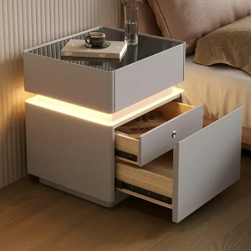 Тумба з екошкіри XXF02 з LED-підсвіткою, сейфом, бездротова зарядка, Bluetooth-аудіо Біла 40х40х51