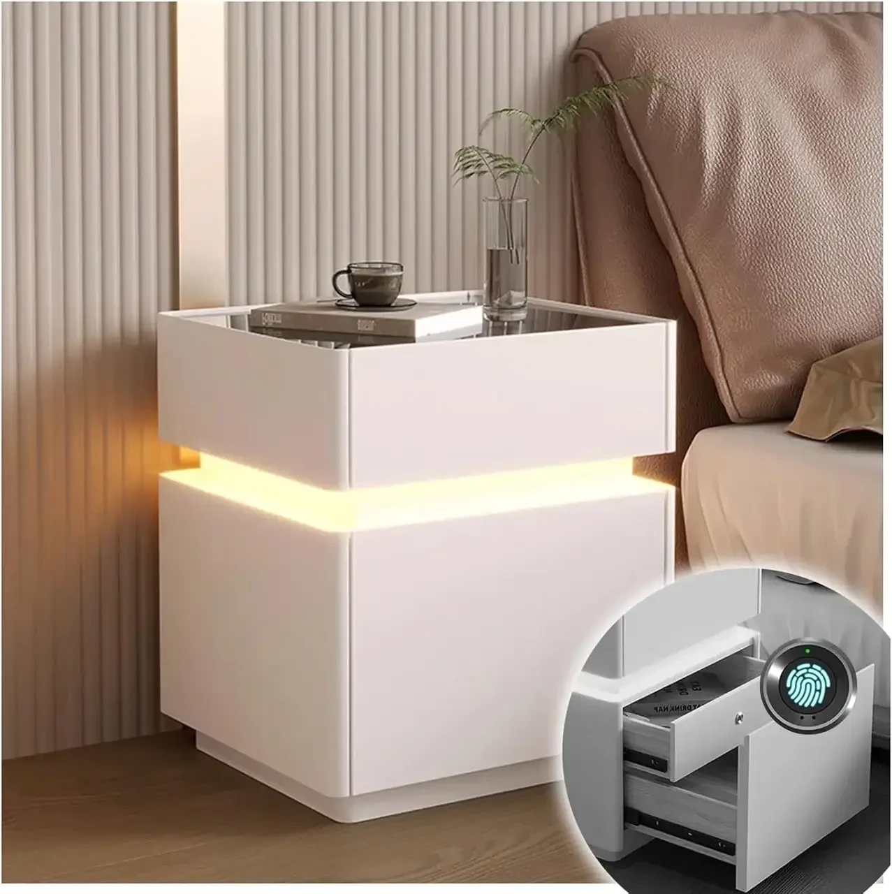 Тумба з екошкіри XXF02 з LED-підсвіткою, сейфом, бездротова зарядка, Bluetooth-аудіо Біла 40х40х51