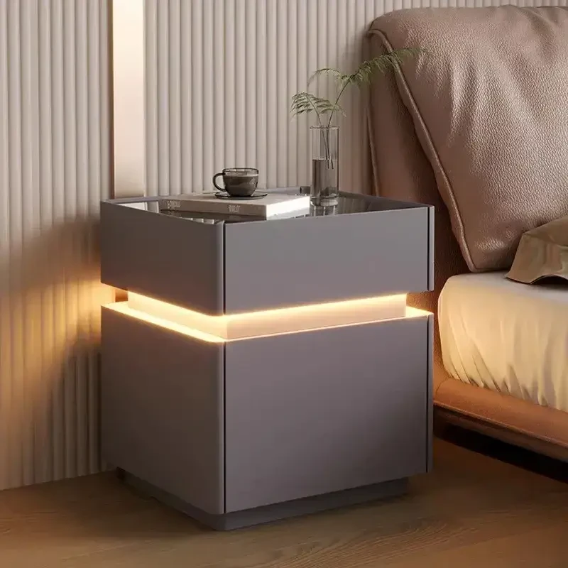 Смарт-Тумба з екошкіри Сіра XXF02 з LED-підсвіткою, сейфом, бездротове заряджання, Bluetooth-аудіо 40х40х51