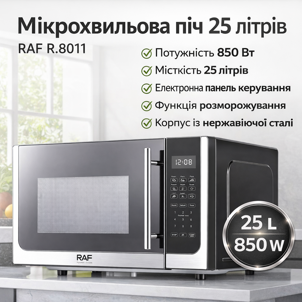 Мікрохвильовка 850W на 25 літрів у корпусі з неіржавкої сталі RAF R.8011