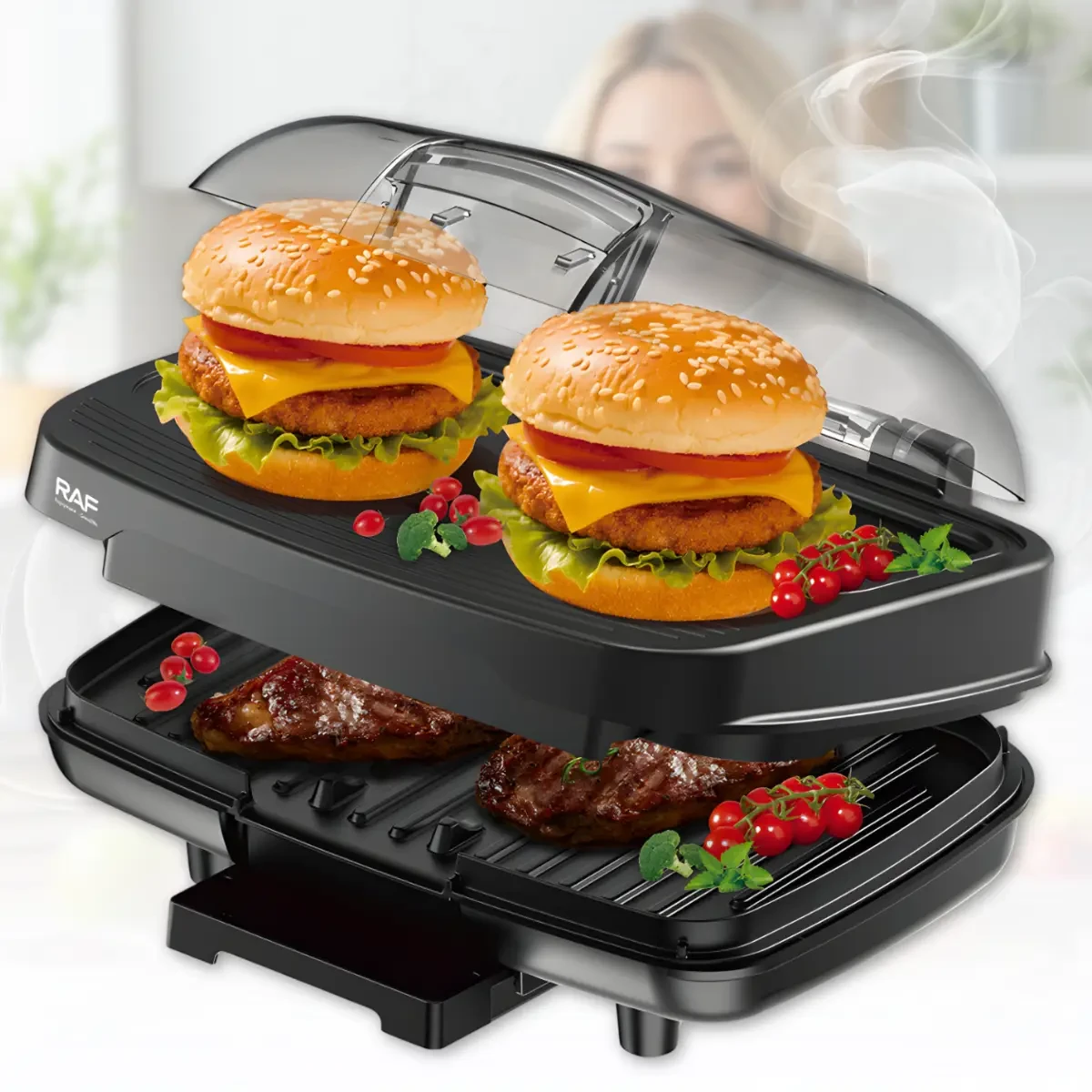 Електрична бургерниця з двостороннім нагріванням і антипригарними пластинами RAF R.2535 1000W