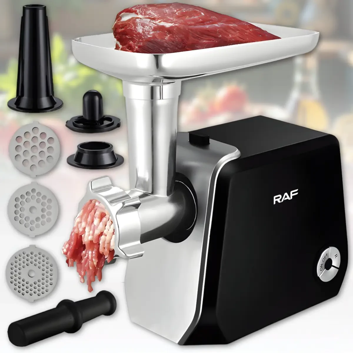 Електрична м’ясорубка з насадками для фаршу, ковбаси та кебе RAF R.3374 1000W