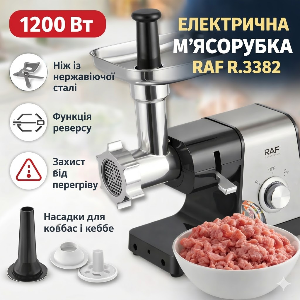 Електрична м’ясорубка із захистом від перегрівання та лезом із неіржавкої сталі RAF R.3382 1200W