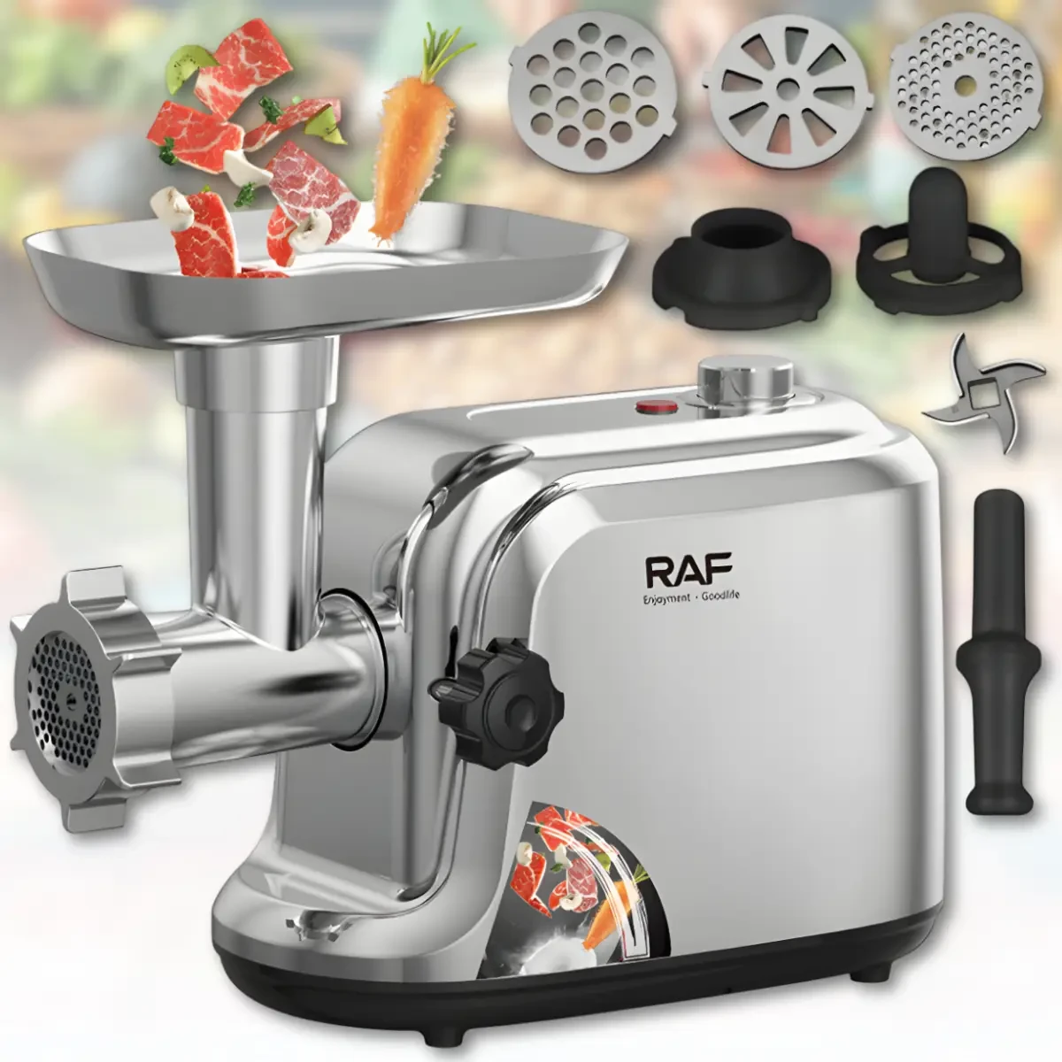 Електрична м’ясорубка з функцією реверсу, решітками для фаршу та металевим лотком RAF R.3398 1200W