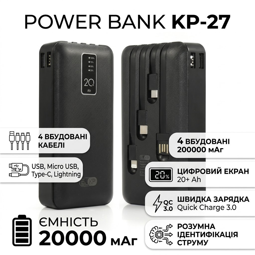 Power Bank з електронним екраном із набором кабелів KP KP-27 20000 mAh Зовнішній акумулятор для заряджання