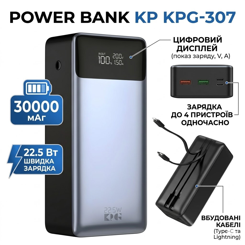 Повербанк 30000 mAh з вбудованими кабелями Type-C і Lightning KP KPG-307 22.5W