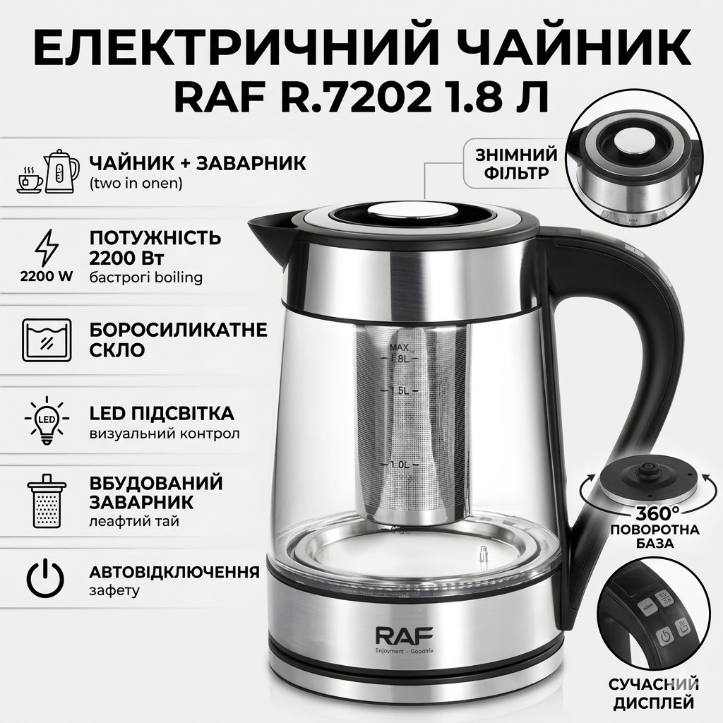 Електричний чайник 1.8 л із заварником й автовимкненням RAF R.7202 2200W