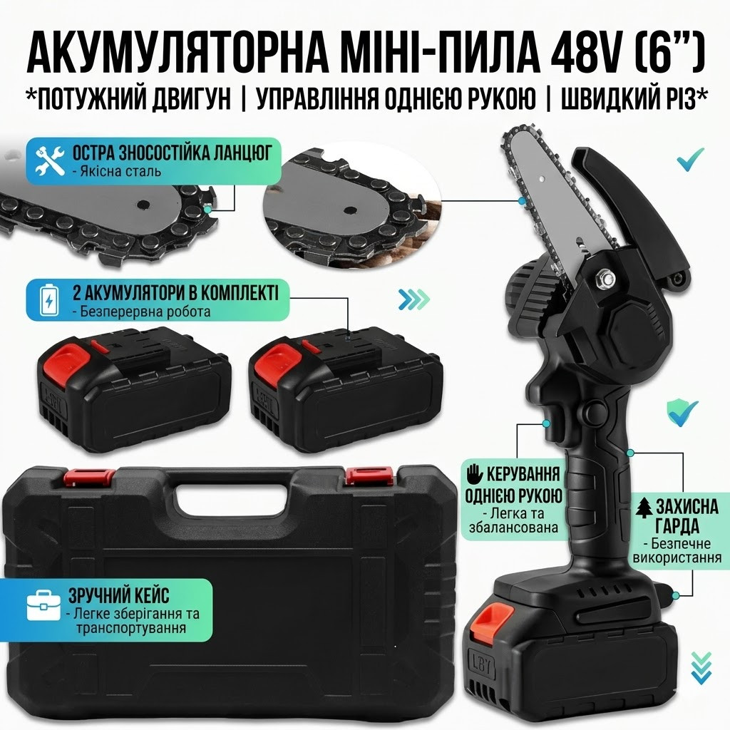 Пила 48V на 6 дюймів з 1 акумулятором у кейсі для легкої й ефективної роботи з деревом