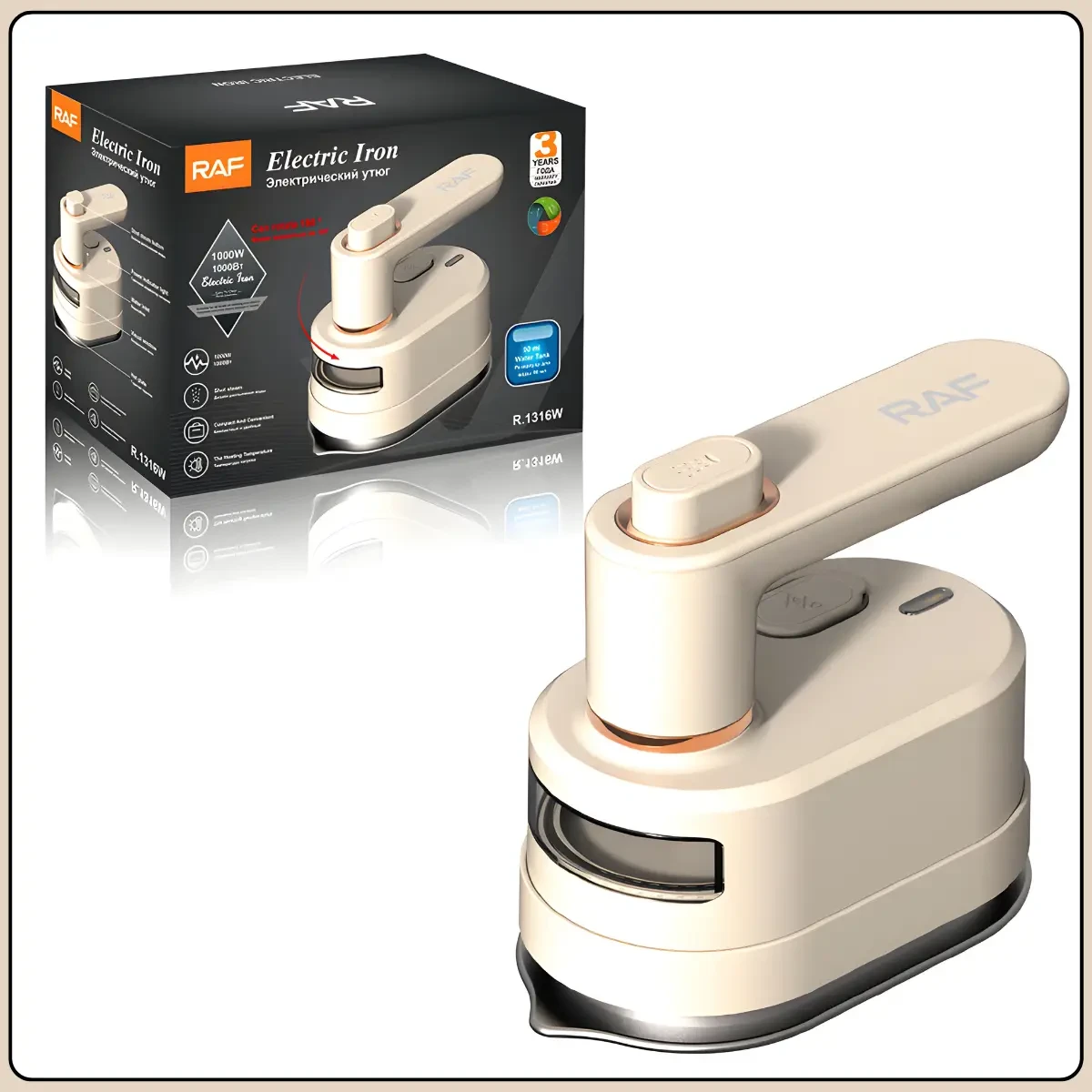 Портативна парова праска з антипригарною підошвою і поворотною ручкою 180° RAF R.1316 1000W