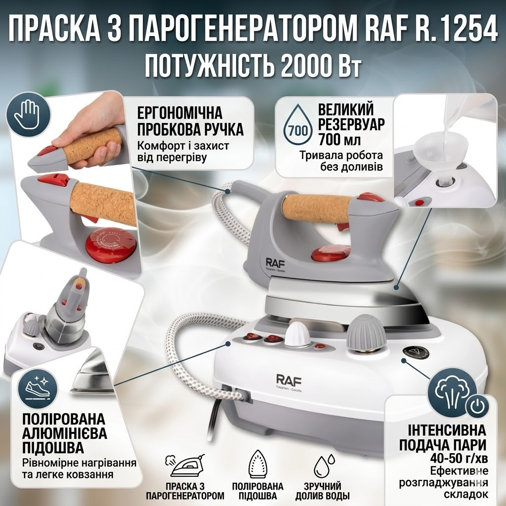 Праска з парогенератором, алюмінієвою підошвою і корковою ручкою RAF R.1254 2000W