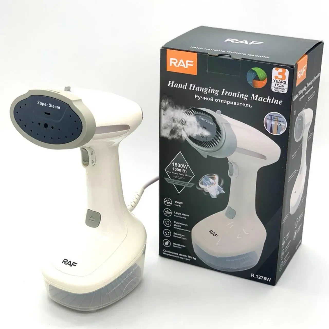 Ручний вертикальний відпарювач для одягу з насадкою на 1500 Вт RAF R.1278W Білий