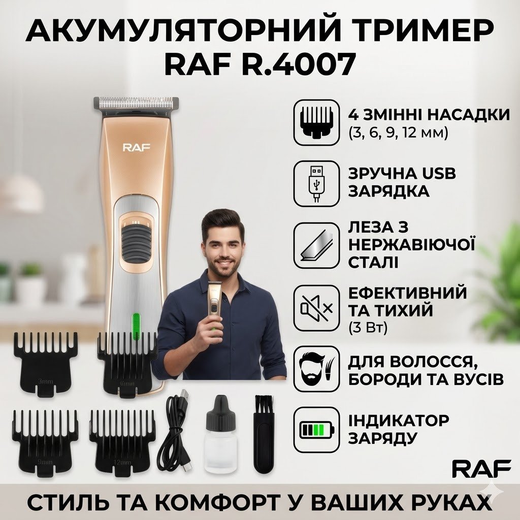 Акумуляторний тример з регулюванням довжини та насадками RAF R.4007 3W