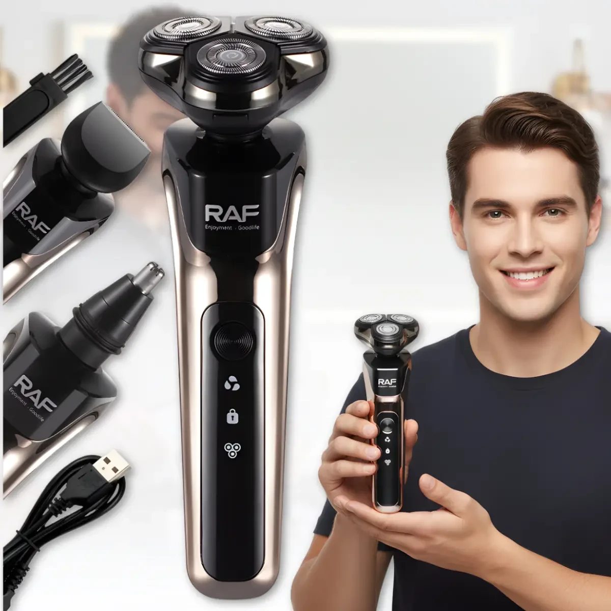 Акумуляторна електробритва 3в1 з трьома плавальними головками та насадками RAF R.4043 3W